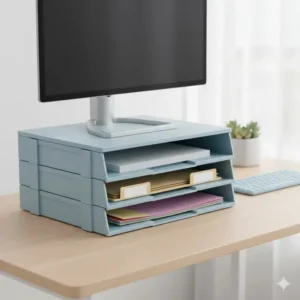 A set of three stackable, plastic light blue storage trays used to organize A4 paper and files beneath a monitor stand.