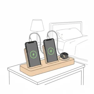Universal compatibility view of charging stations for nightstands supporting various phone brands.