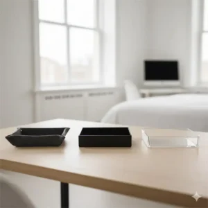 Different materials and styles of catch all tray man options, including metal, felt, and acrylic.