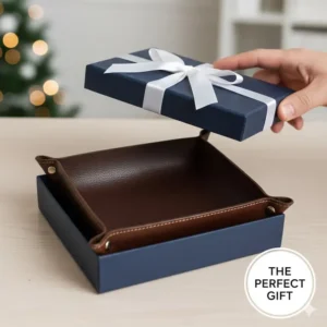 The mens catch all tray placed neatly inside a stylish gift box, emphasizing that it's the perfect gift for men for birthdays or holidays.