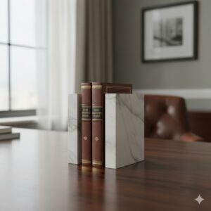 A pair of heavy, geometric marble bookends supporting a small collection of executive books, a substantial example of luxury desk accessories for men.