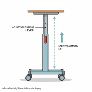 Illustration showing the telescopic height adjustment lever on a hospital tray table with wheels.