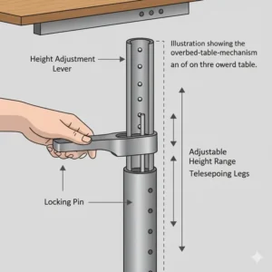 A technical illustration showing the height adjustment mechanism of an adjustable overbed table with storage.