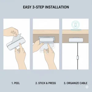 Illustration 1: How to install the best under desk wireless charger using strong adhesive mounts on the underside of a desk.
