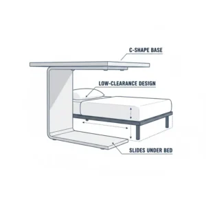 A technical drawing of a C-shape slide under bed table showing how the base clears the floor.