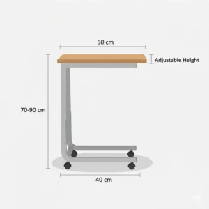Detailed diagram showing the length and width measurements of a bedside tray table on wheels.