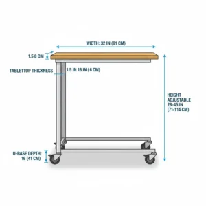 Detailed diagram showing the width and height dimensions of a standard hospital bed tray table.