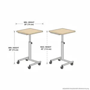A technical diagram showing the adjustable height range of a professional hospital bedside tray table.