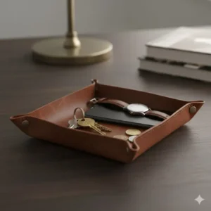 Close-up of a handcrafted brown leather key catchall used as a valet tray for everyday carry items.
