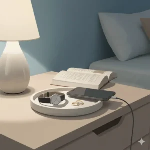 A minimalist nightstand catchall tray illustration with a watch and phone in a bedroom setting.