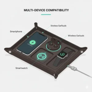 Tech device compatibility diagram for a charging catch all tray showing slots for a phone, watch, and earbuds.
