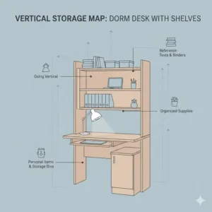 Diagram showcasing the vertical storage capacity of a wooden dorm desk with shelves for textbooks and supplies.