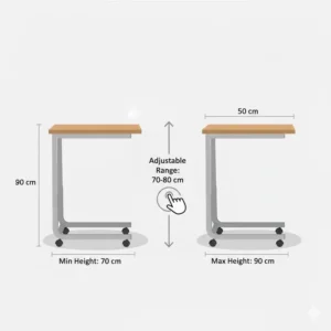 Illustration demonstrating how to adjust the height of this versatile bedside tray table on wheels.