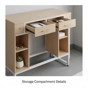 Close-up view of the built-in drawers and compartments on an adjustable overbed table with storage.