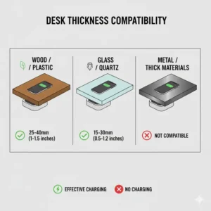 Illustration 2: A compatibility chart for the best under desk wireless charger showing various desk materials and thicknesses.