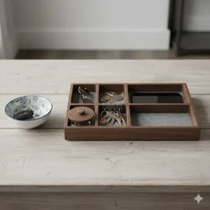 A side-by-side comparison of a small ceramic key catchall and a large multi-compartment organizer.