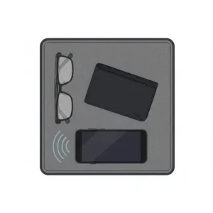 An overhead illustration of the Courant Essentials Catch 3 organized with glasses, a wallet, and a smartphone.