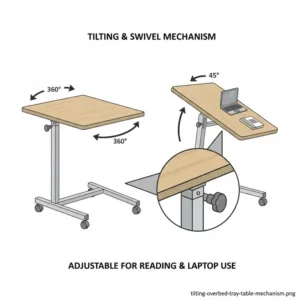 Illustration demonstrating the tilting top functionality of a flexible hospital bedside tray table.