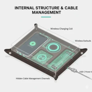 Internal structure view of a charging catch all tray highlighting the hidden cable management system.