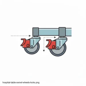 Close-up diagram of four swivel wheels with integrated safety locks on a hospital tray table with wheels.