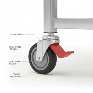 Close-up illustration of the heavy-duty locking swivel wheels on a hospital bed tray table.