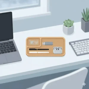 Modern office desk catchall tray illustration organizing pens and stationery on a workspace.
