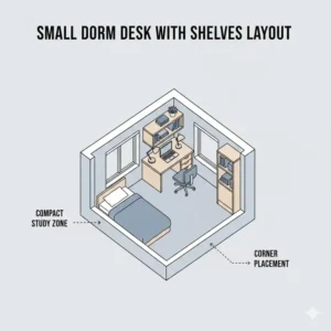 Floor plan illustration of a compact dorm desk with shelves placed in a small bedroom corner to save space.