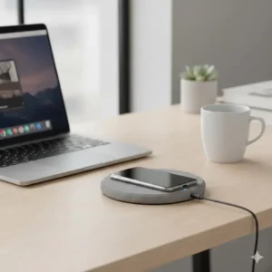 A modern smartphone charging wirelessly on a circular linen wireless phone charger with an LED indicator light.
