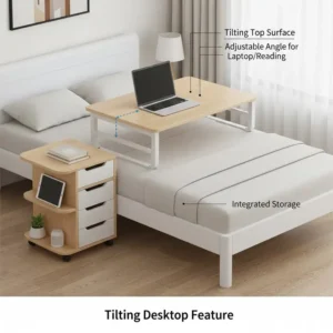 Demonstration of the tilting desktop feature on a versatile adjustable overbed table with storage.