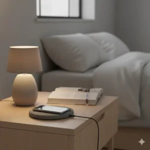 An aesthetically pleasing linen wireless phone charger located on a nightstand next to a lamp and a book.