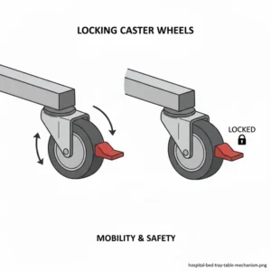 Close-up view of the smooth-rolling locking wheels on a mobile hospital bedside tray table.