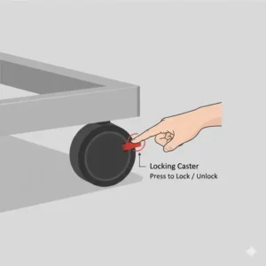 Close-up view of the heavy-duty locking swivel casters on a bedside tray table on wheels.