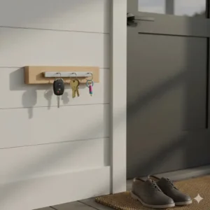 A wall-mounted magnetic key catchall holding several sets of house keys near a front door.