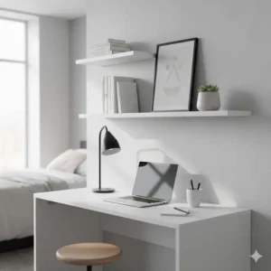 Minimalist aesthetic of a white dorm desk with shelves decorated with simple plants and framed art.