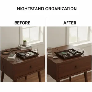Side-by-side comparison of a cluttered nightstand vs an organized charging catch all tray setup.