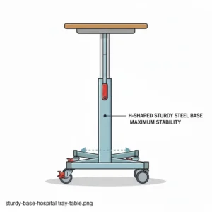 Illustration highlighting the H-shaped steel base design of a hospital tray table with wheels for maximum stability.