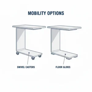 Close-up view of the swivel wheels and locking system on a slide under bed table.