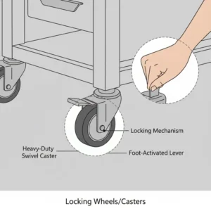 High-quality illustration of the 360-degree locking wheels on an adjustable overbed table with storage.
