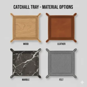 A graphic display of different catchall tray materials including wood, leather, and marble.