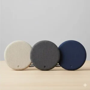 Three different linen wireless phone charger displayed in oatmeal, charcoal, and navy blue fabric finishes.