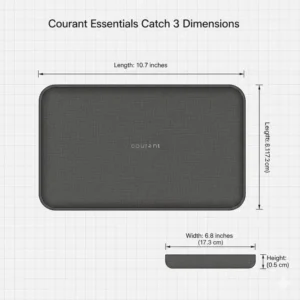 A technical drawing illustrating the length, width, and height specifications of the Courant Essentials Catch 3 tray.