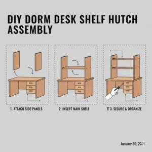 Step-by-step assembly guide for a DIY hutch attached to a standard dorm desk with shelves.