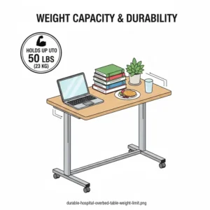 An infographic showing the heavy-duty weight capacity and load-bearing strength of a hospital bedside tray table.
