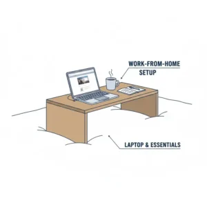 An illustration of a laptop and coffee mug on a slide under bed table for home office use.