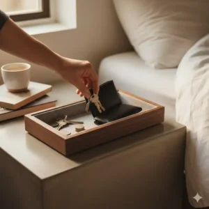 A person picking up their keys and wallet from a bedside key catchall during a morning routine.