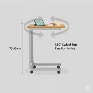 Graphic showing the 360-degree rotating surface of a bedside tray table on wheels for flexible use.