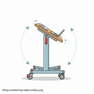 An illustration of a tilting hospital tray table with wheels adjusted for reading or using a laptop.