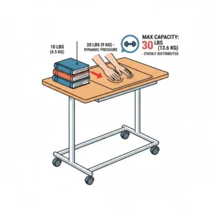 Infographic demonstrating the maximum weight capacity and load-bearing strength of a medical hospital bed tray table