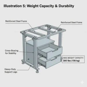 Diagram showcasing the heavy-duty steel frame and durability of an adjustable overbed table with storage.