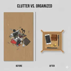 Side-by-side comparison of a messy counter versus an organized catchall tray setup.